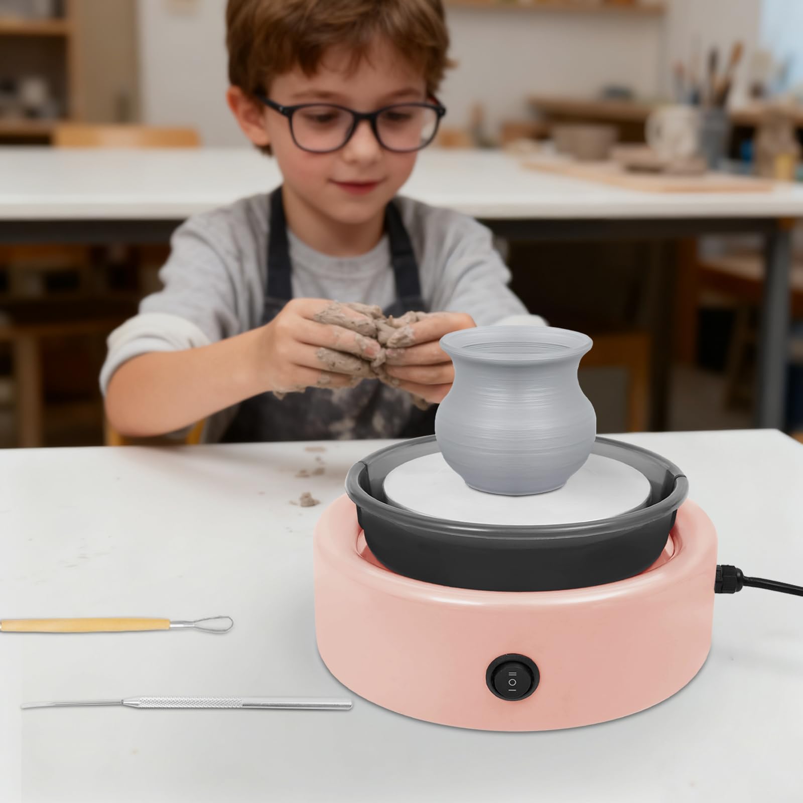 Mini-Töpferscheibe für Kinder und Erwachsene, anfängerfreundlich, Tisch-Töpferscheibe mit Fußpedal, 0–140 U/min, Geschwindigkeitseinstellung für Zuhause, Heimwerker, Töpfereiprojekte (Rosa)