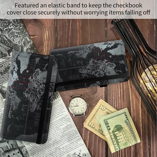 Image of FUYOCWE Leather Checkbook Covers for Men Women Check book Holder Cover Wallets for Personal Checkbook Duplicate Checks with RFID Blocking & Elastic Strap-Black Gray World Map with red line