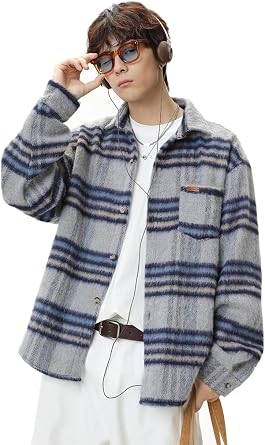 LIUZHONGQIN Mens Tops, Outerwear, Jacket, Long Sleeve Coat, Button Down Shirt, Spring, Autumn, Winter, Loose, Casual, Stylish, Checkered Border Pattern, Fold-Down Collar, Button Included, Commuting