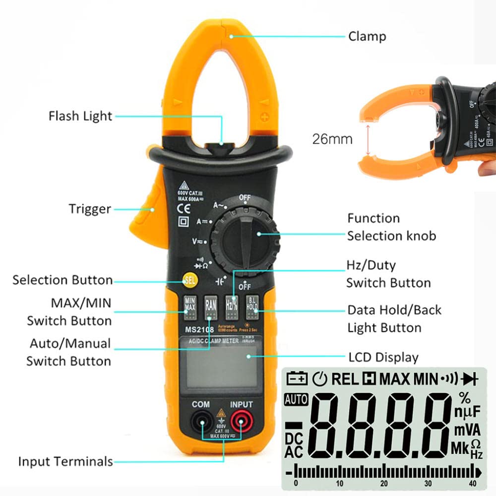 Multimetro Pinza Amperimetrica Digital 6000cuentas Pinza Multimeter Amperímetro Corriente CA,Tensión,NCV,Continuidad,Pantalla LCD con Luz Incluye Clips de Prueba, Prueba de diodos