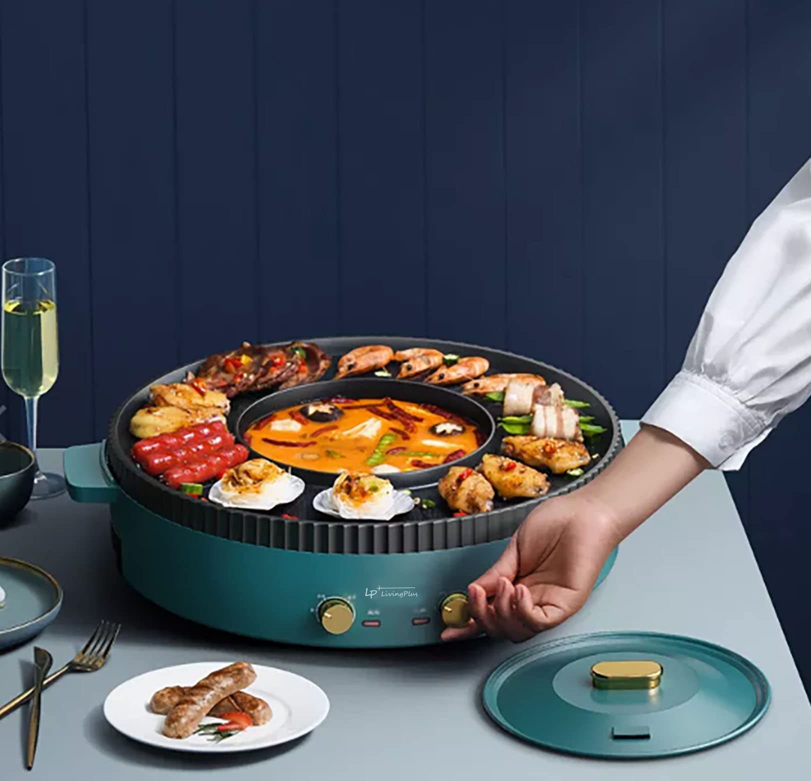 Combo de parrilla eléctrica 2 en 1 y olla caliente, temperatura dual, parrilla antiadherente interior para barbacoa coreana, Shabu Shabu y fideos 4