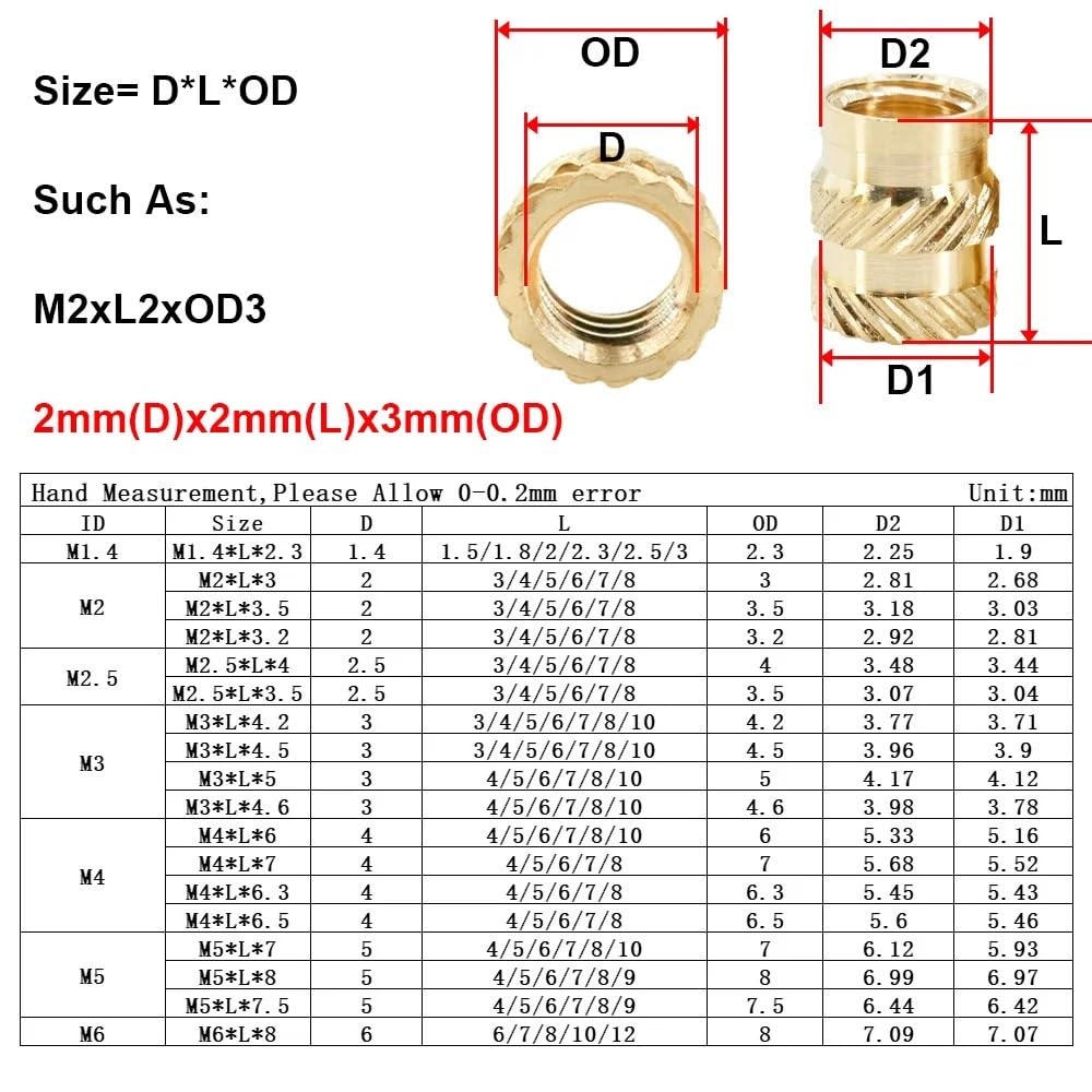 Tuercas de inserción calor latón for impresora 3d, 500 Uds., doble sarga, inyección fusión en caliente, insertos roscados, tuercas M1.6M2M2.5M3M4M5M6M8M10(8MM*M4X7MM)