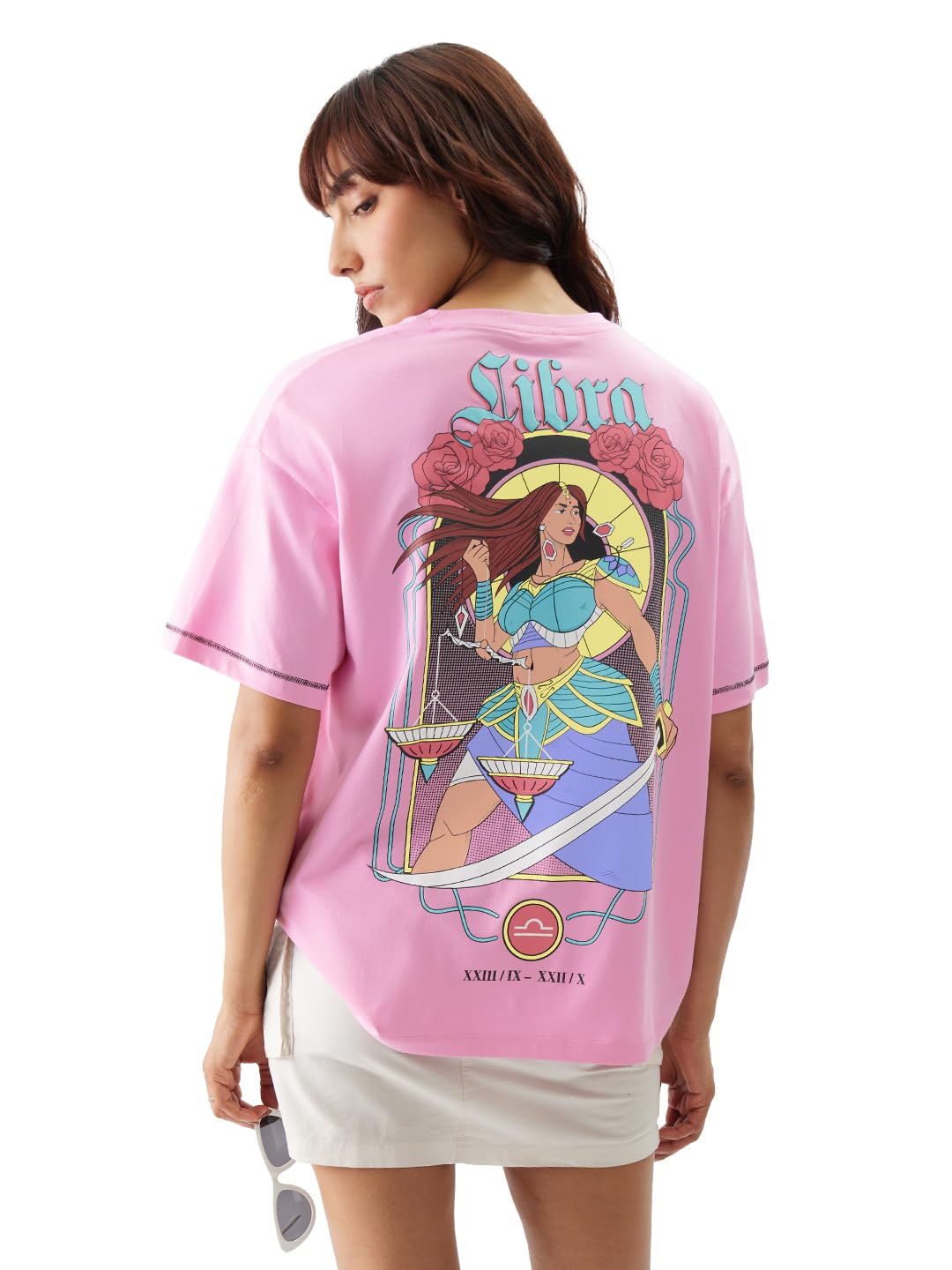 The Souled StoreZodiac: Libra Women and Girls Short Sleeve Round Neck Pink Graphic Printed Cotton Oversized T-Shirts