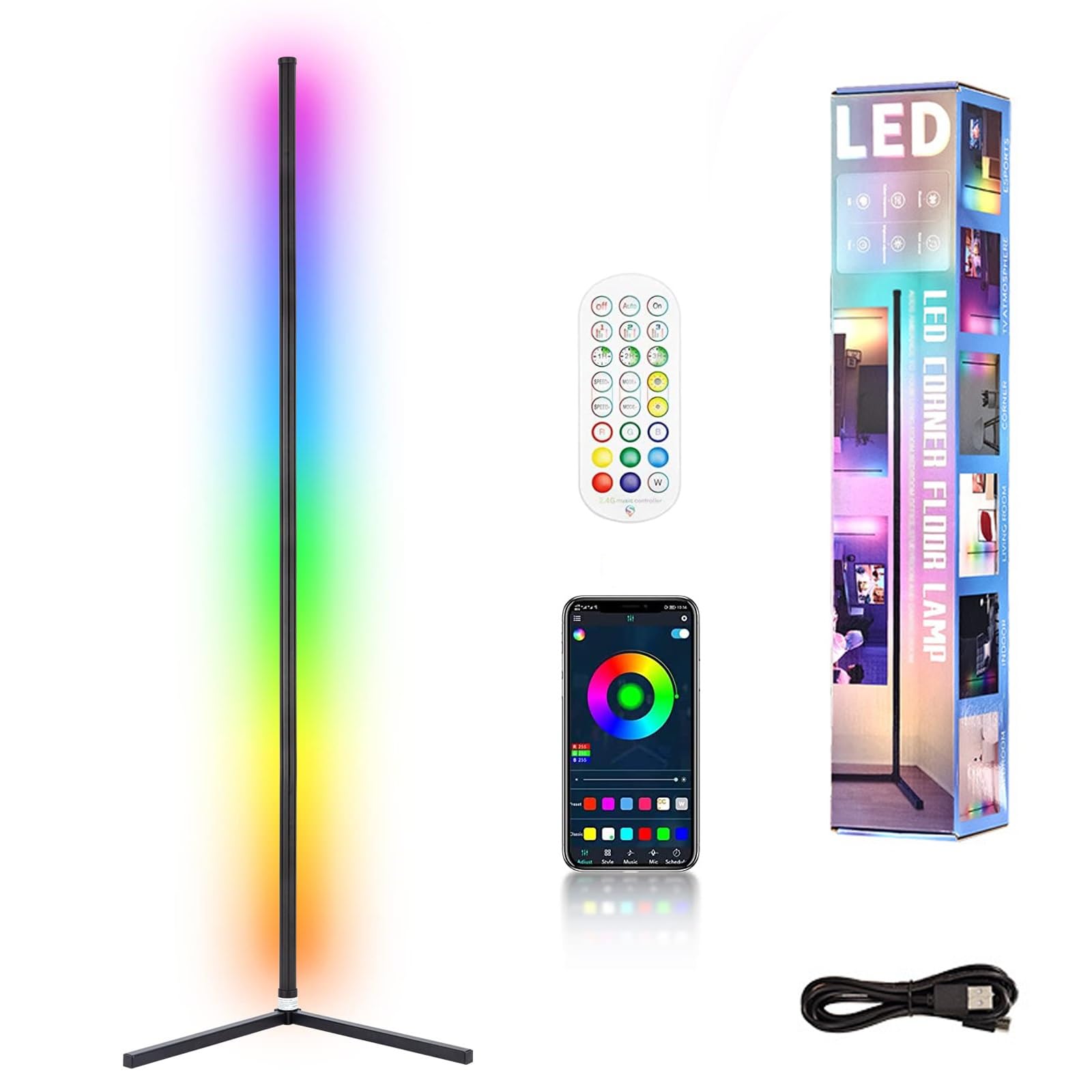 Lampada da terra a LED, 1,42 m lampada angolare intelligente RGB IC con app e telecomando, 16 milioni di colori e sincronizzazione con la musica, luce d'ambiente regolabile con cambio(Black)