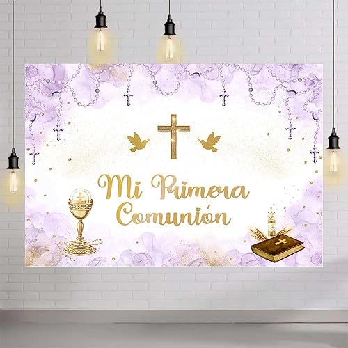 Miniatura 4 de MEHOFOND Fondo de 7 x 5 pies Mi Primera Comunión Acuarela Púrpura Bautismo Fotografía Fondo Pastel Púrpura Dios Bendiga Palomas Cáliz Puntos