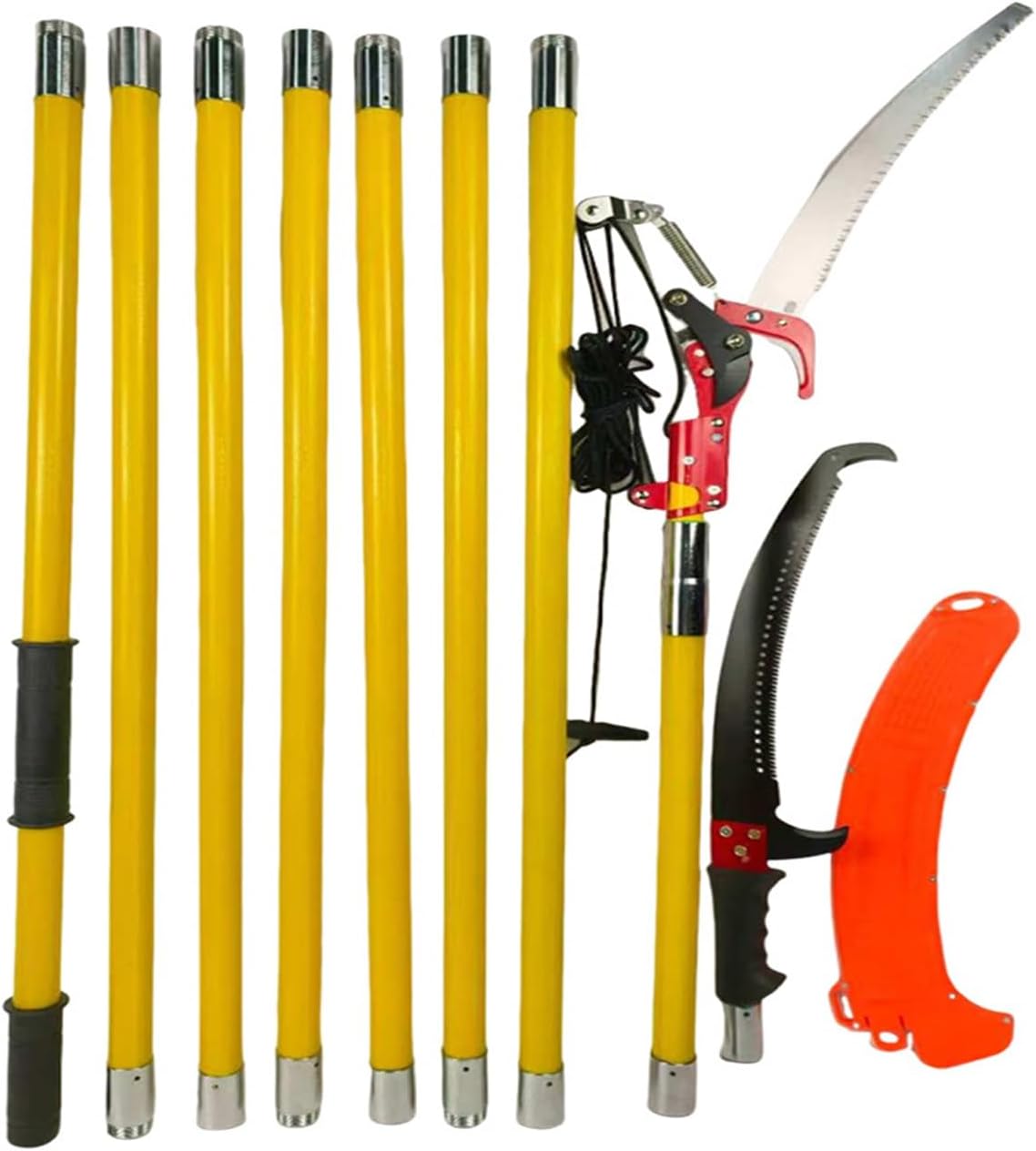 Manual Pole Saw, 27FT Extendable Tree Pruner with Knives and Storage Pocket, Sharp Steel Blade and Scissors for Pruning Palms and Shrubs(Yellow)