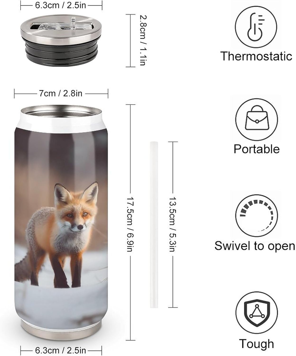 Stainless Steel Cups Cute Fox Printed Coke Cup Stainless Steel Insulated Cups with Lid And Straw
