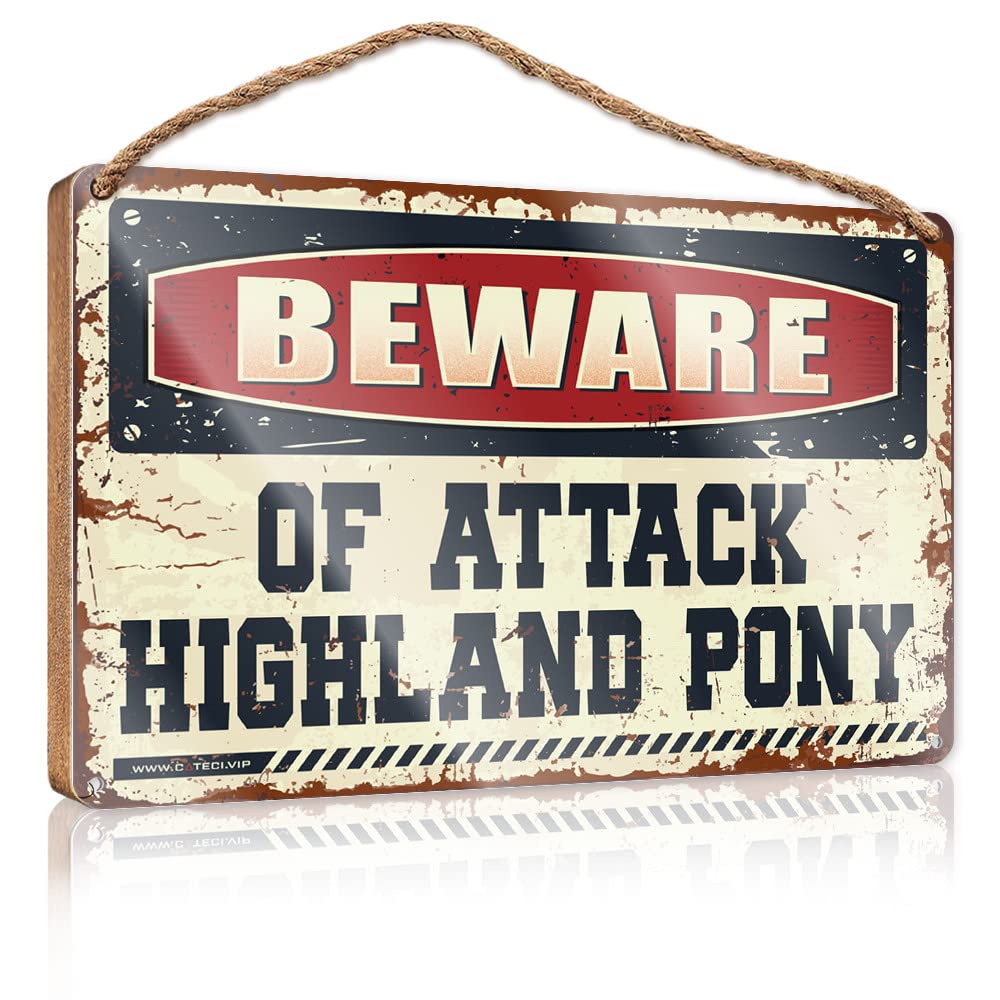 HELIOFORGE Home Signs For Front Porch Beware Of Attack Highland Pony Wooden Sign(23X35CM)