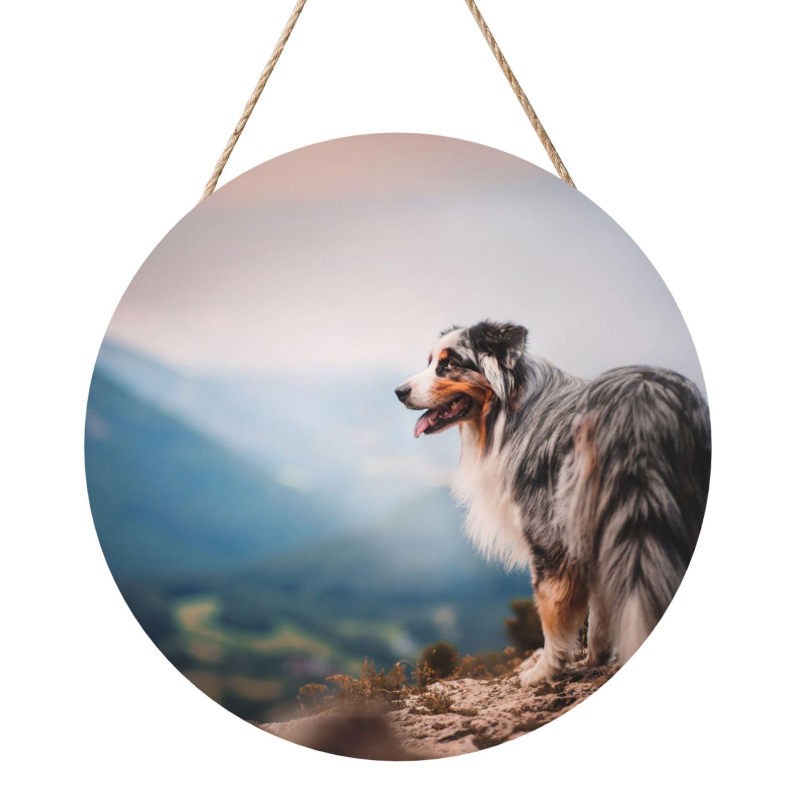 InOmak Australian Shepherd Mountains Aussie Pets Dogs, Round Wood Panel Painting 12 in, Wall Hanging Painting For Home