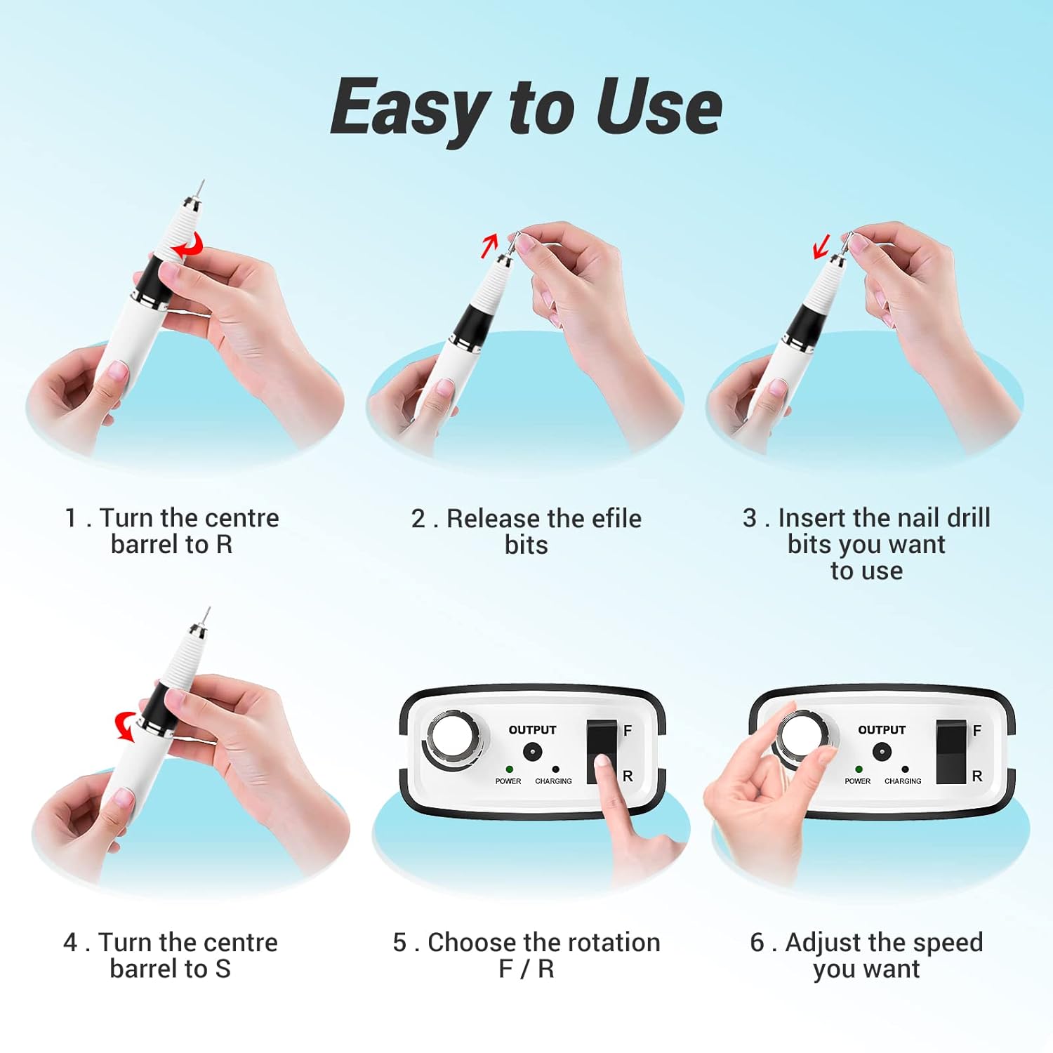 A six-step visual guide demonstrating how to insert a nail drill bit, select rotation direction (F/R), and adjust speed on the AIRSEE E6 Nail Drill Machine.