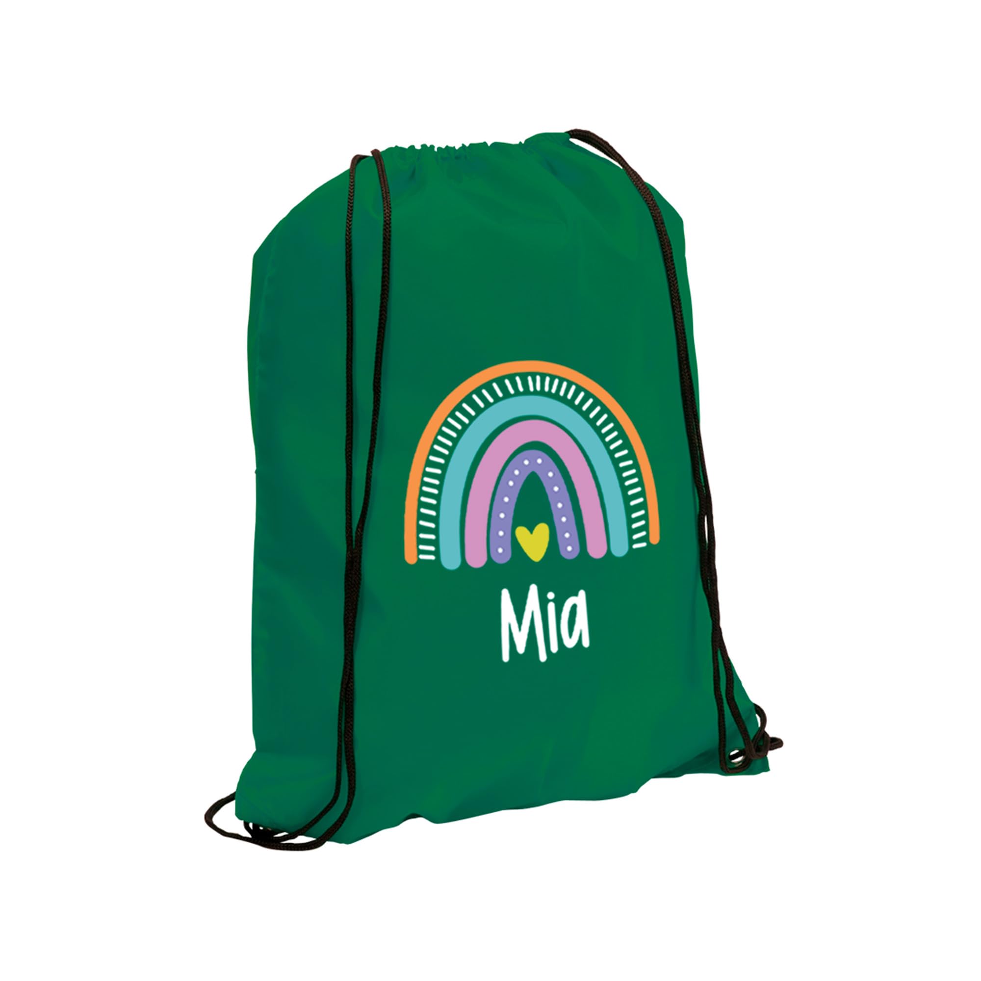 eBuyGB Personalised Rainbow Drawstring, Childs PE, Sports Day, Girls Swimming, Custom Name, Party Goodie, Primary School PE Kit (Green)
