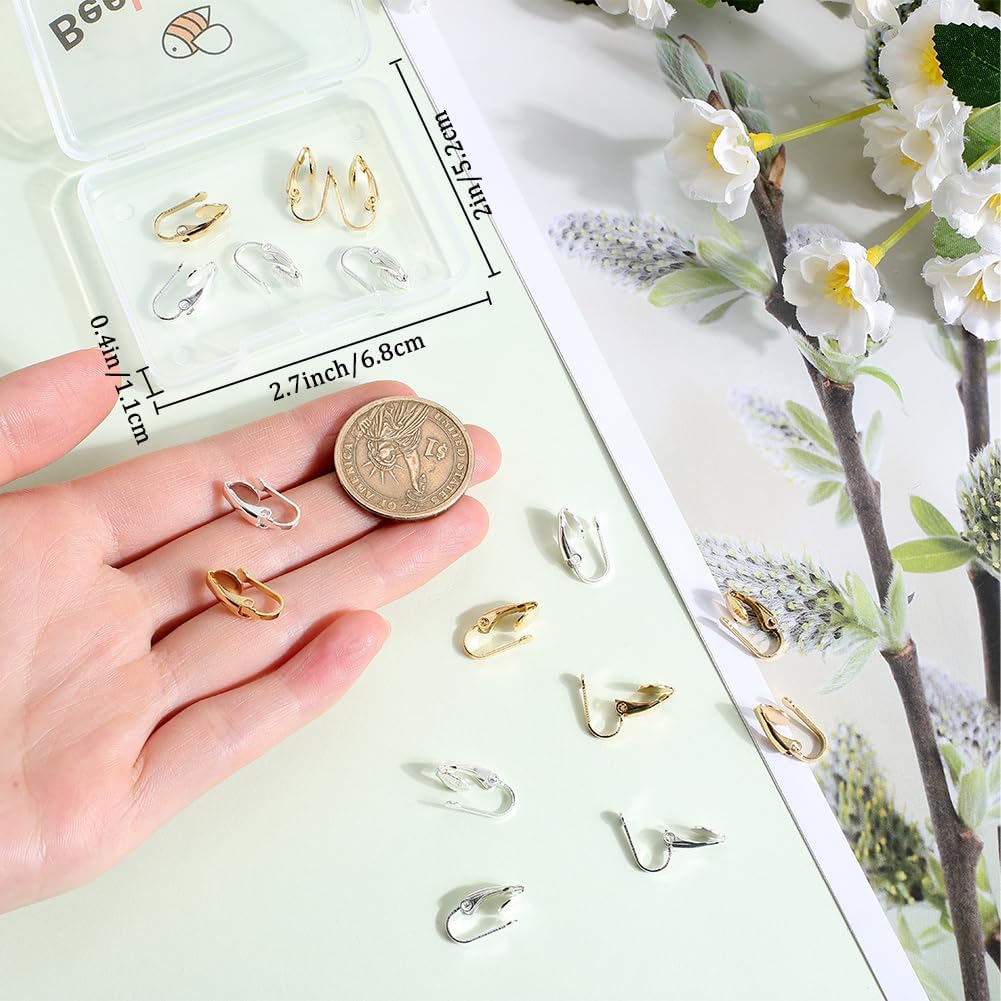 Beebeecraft 1 Box 40Pcs 2 Colors Gold Earring Converter Silver Clip Earring Findings 24K Gold & 925 Sterling Silver Plated Brass Clip Back Non Pierced Earring Clips for Jewelry Making Supplies DIY