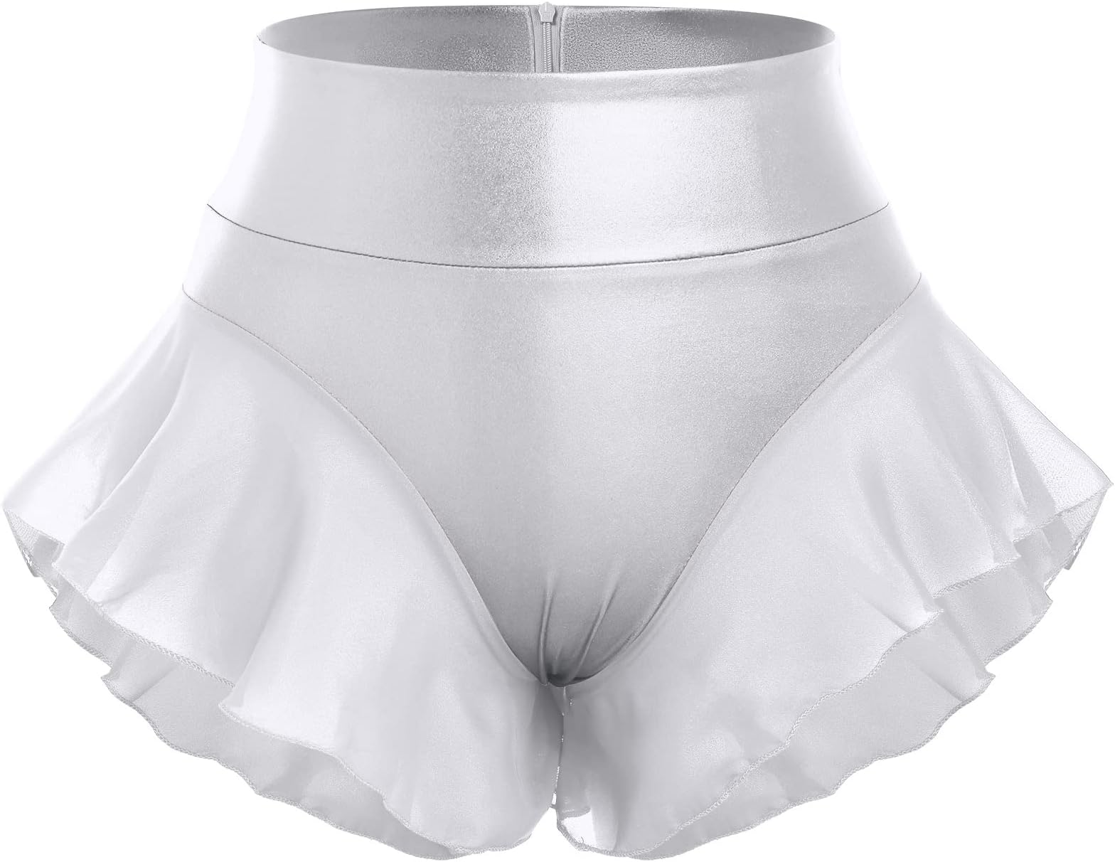 Womens Ruffle Shiny Rave Booty Shorts Dance Bottoms High Waist Mini Hot Pants Stage Yoga Active Dancewear Silver Large