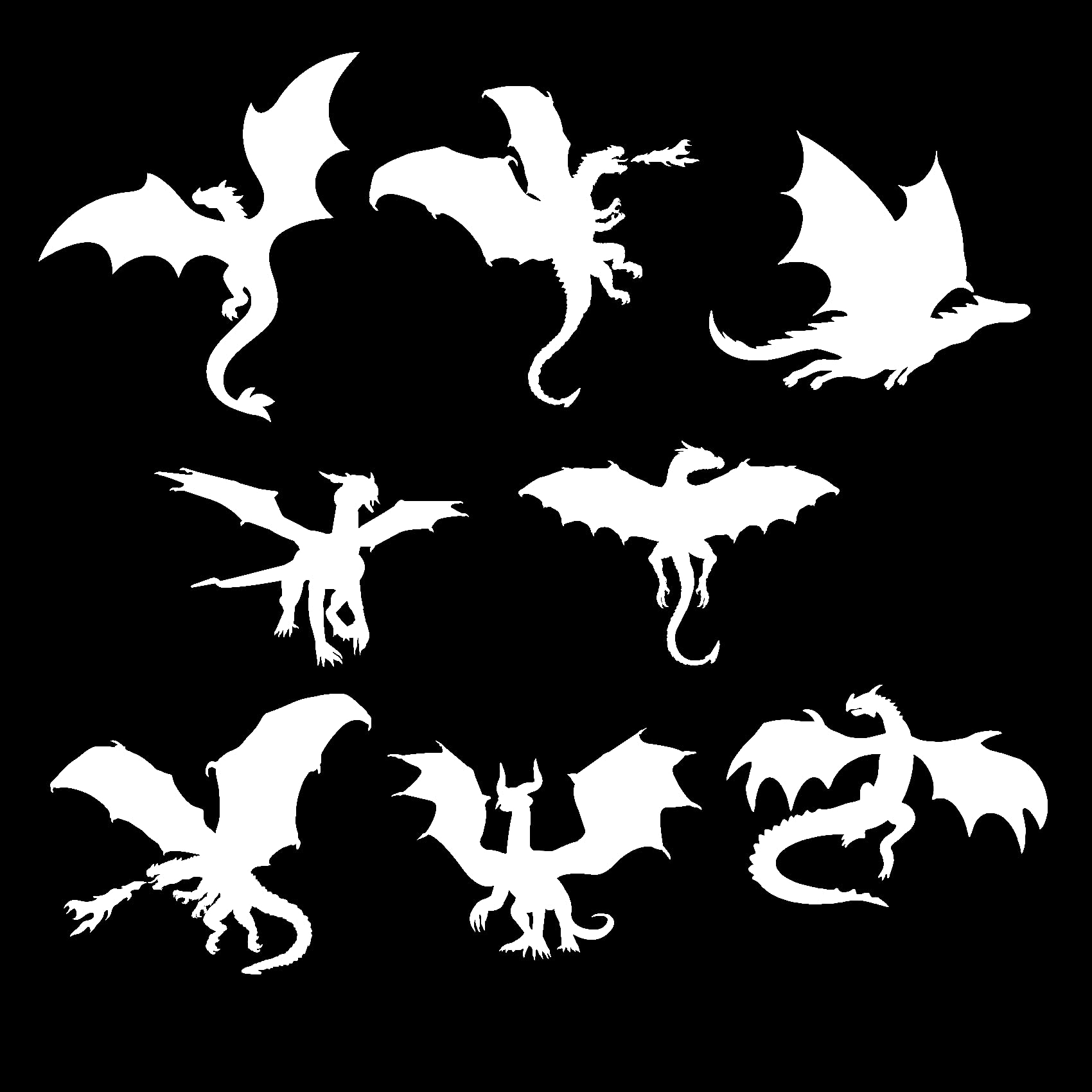8 Dragon Silhouette Fun Waterproof Sticker Pack Decal - Car Stickers - Laptop Stickers - Mirror Stickers - Fantasy/Mythical Decals - Gift for Dragon Lover (White, Medium Pack)