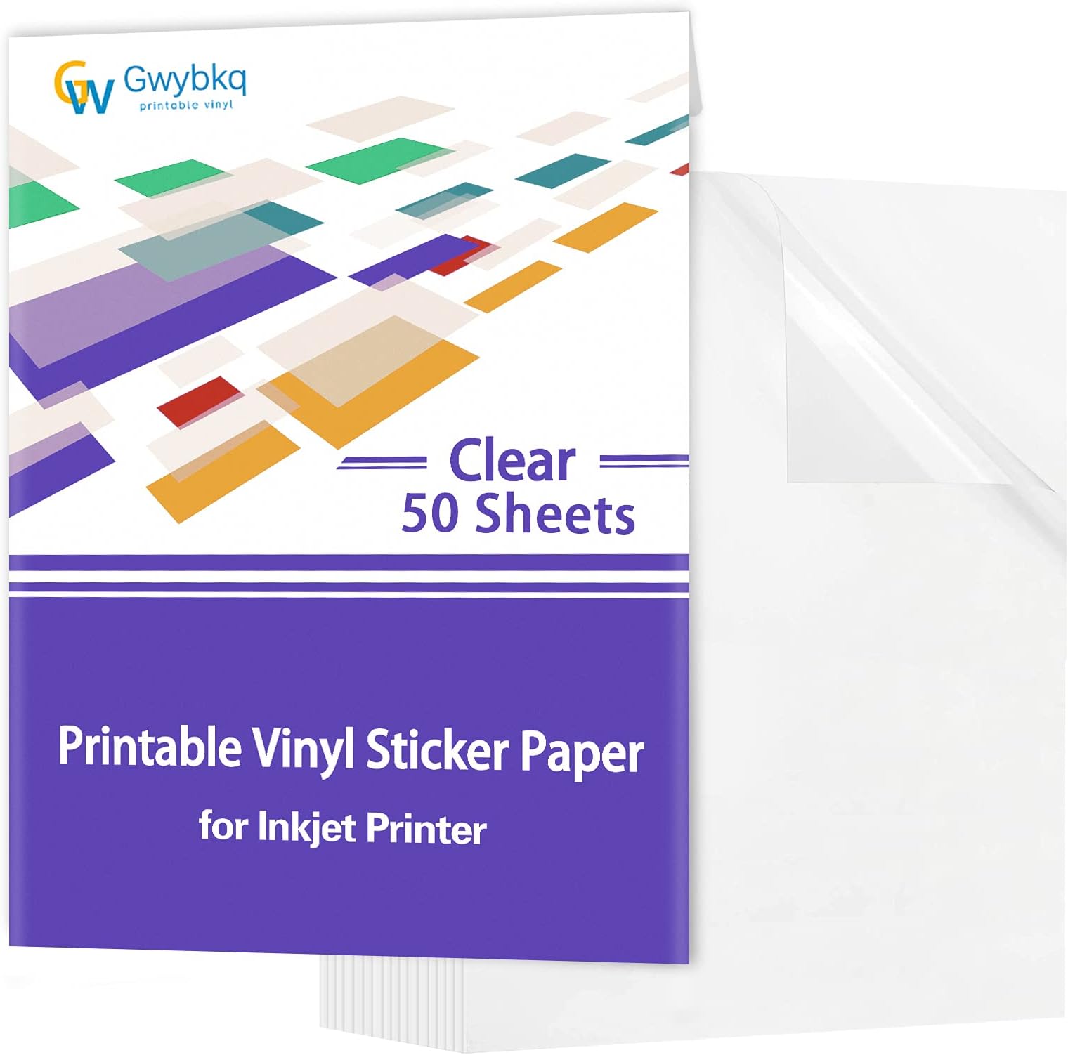 Gwybkq Clear Printable Vinyl Sticker Paper for Inkjet Printer,50 Sheets Transparent Decay Paper Clear Labels, Dries Quickly Vivid Colors,Tear & Scratch Resistant