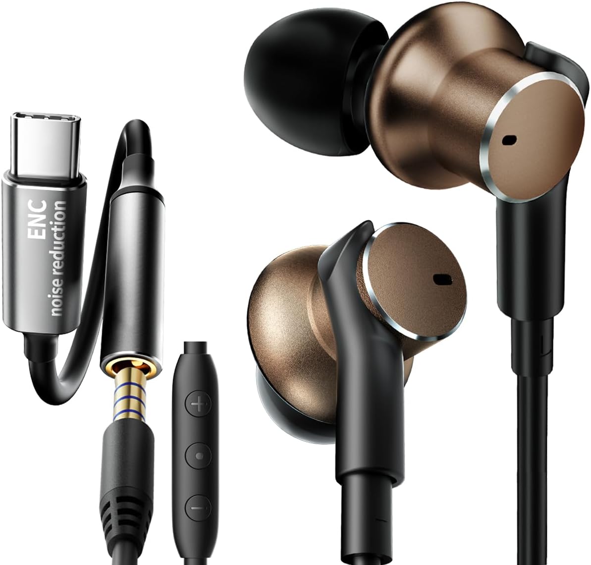 Dynamic Balanced Deep Bass In-Ear Headphones-Noise cancelling Wired Earbuds with Dual-Driver Bass Boost ear bud Noise Isolation-Clear Call and High-Resolution Audio,Noise Cancellation (USB C+3.5mm)