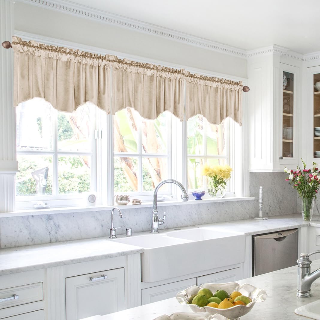 JIUZHEN Beige Velvet Scalloped Valance Curtains for Windows, 1 Panel