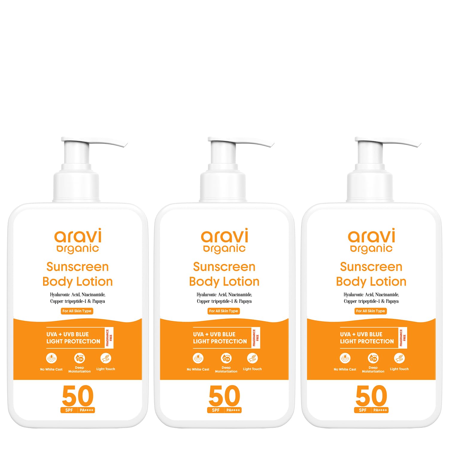 Aravi Organic Oil-Free Sunscreen Body Lotion SPF 50 PA++++ – Lightweight, Quick Absorbing, No White Cast, UVA & UVB Protection with Niacinamide, Hyaluronic Acid & Copper Tripeptide (200ml, Pack of 3)