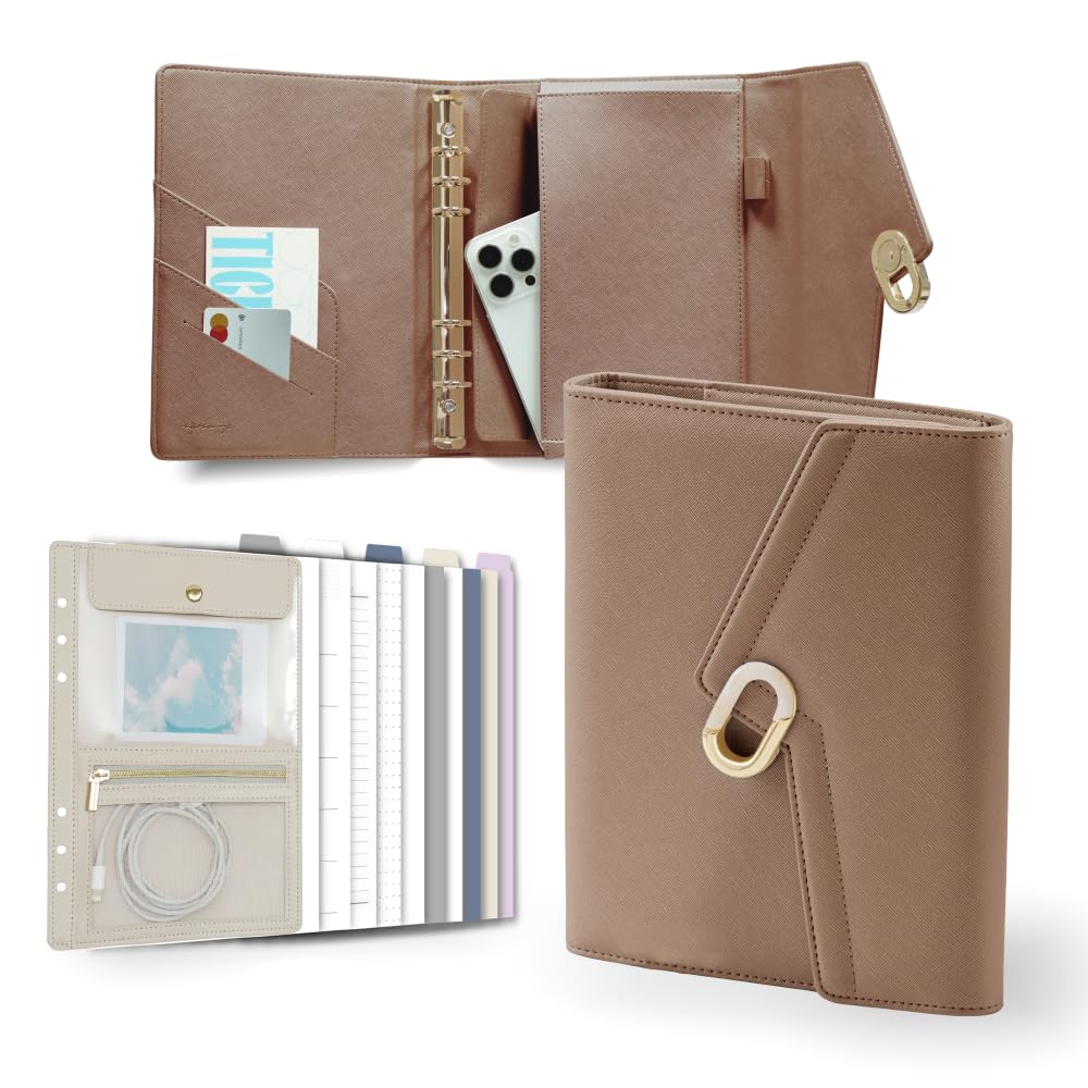 Luxury Journal - Agenda in pelle formato A5, con 80 fogli, 5 divisori, tasca rimovibile con cerniera, organizer ricaricabile senza data per lavoro, scuola, uso personale, marrone moka