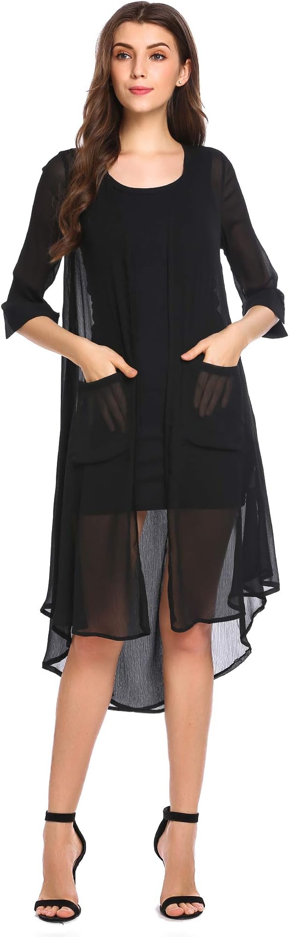 Women's 3/4 Sleeve Split Back Sheer Chiffon Maxi Kimono Long Cardigan Blouse