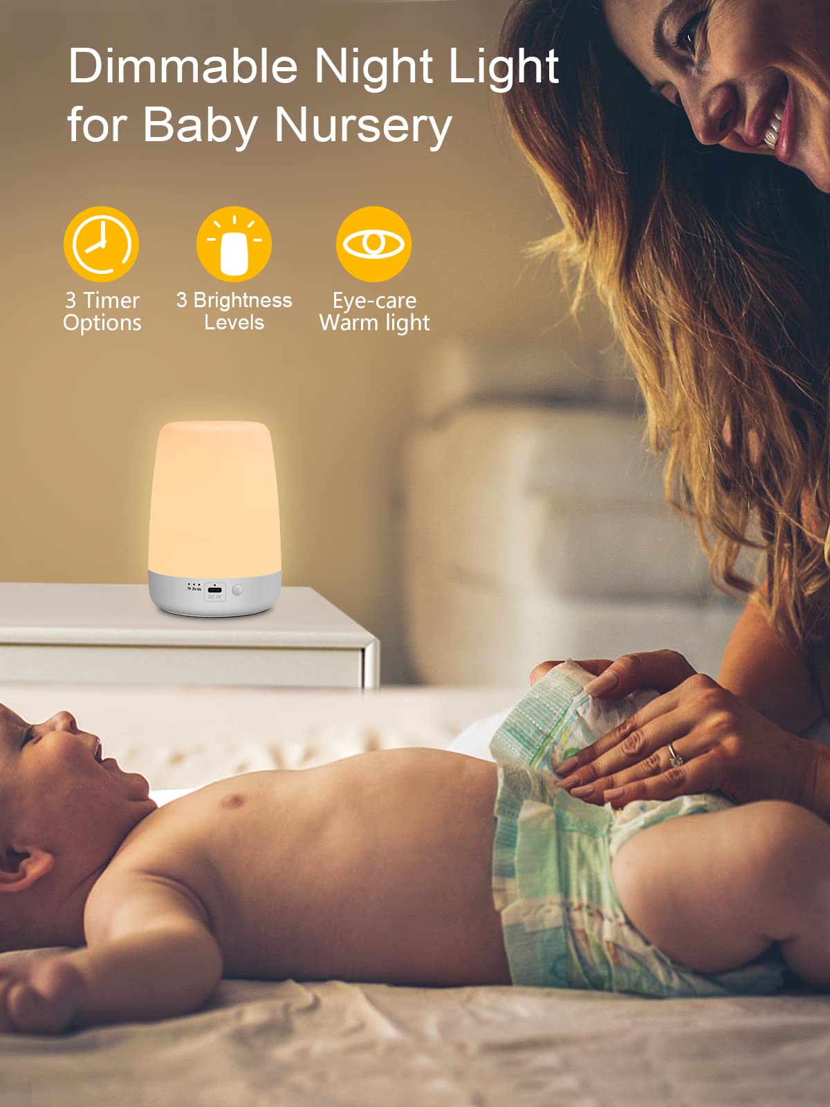 Luz nocturna para niños y guardería, lámpara táctil recargable, lámpara de lactancia portátil con luz suave y cálida para recién nacido, 3 temporizadores, hasta 200 horas