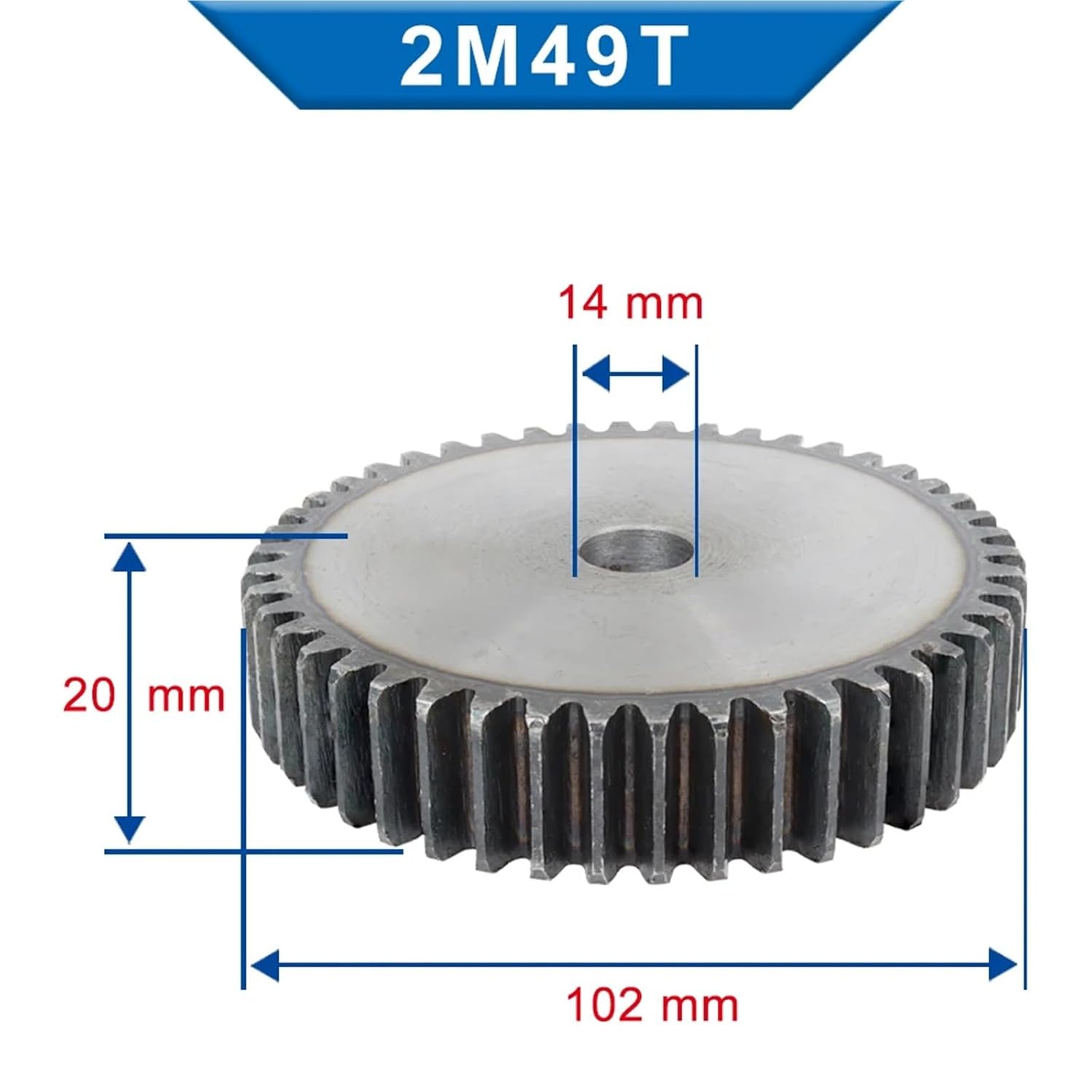 Spur Gear 2M49/50/51/52T Pitch 6.28mm Depth 4.5mm Carbon Steel Height 20mm 1Pcs(2M51T (Bore 16 mm))