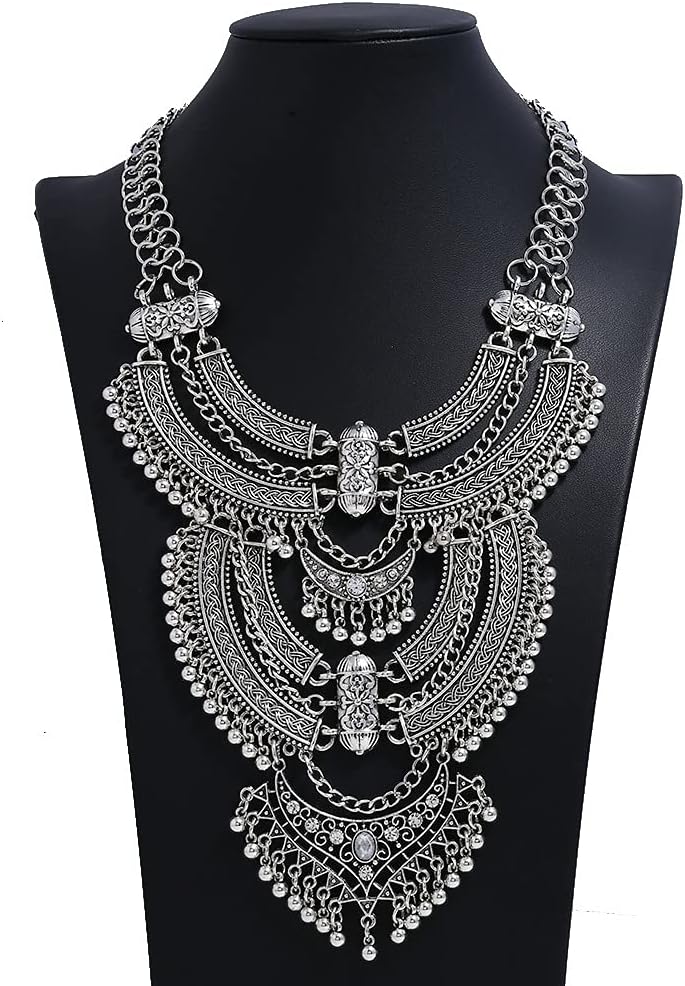 ヴィンテージカラー ビブ マルチレイヤー ステートメントチョーカーネックレス 女性用 ファッション ボヘミアン エスニック コスチュ