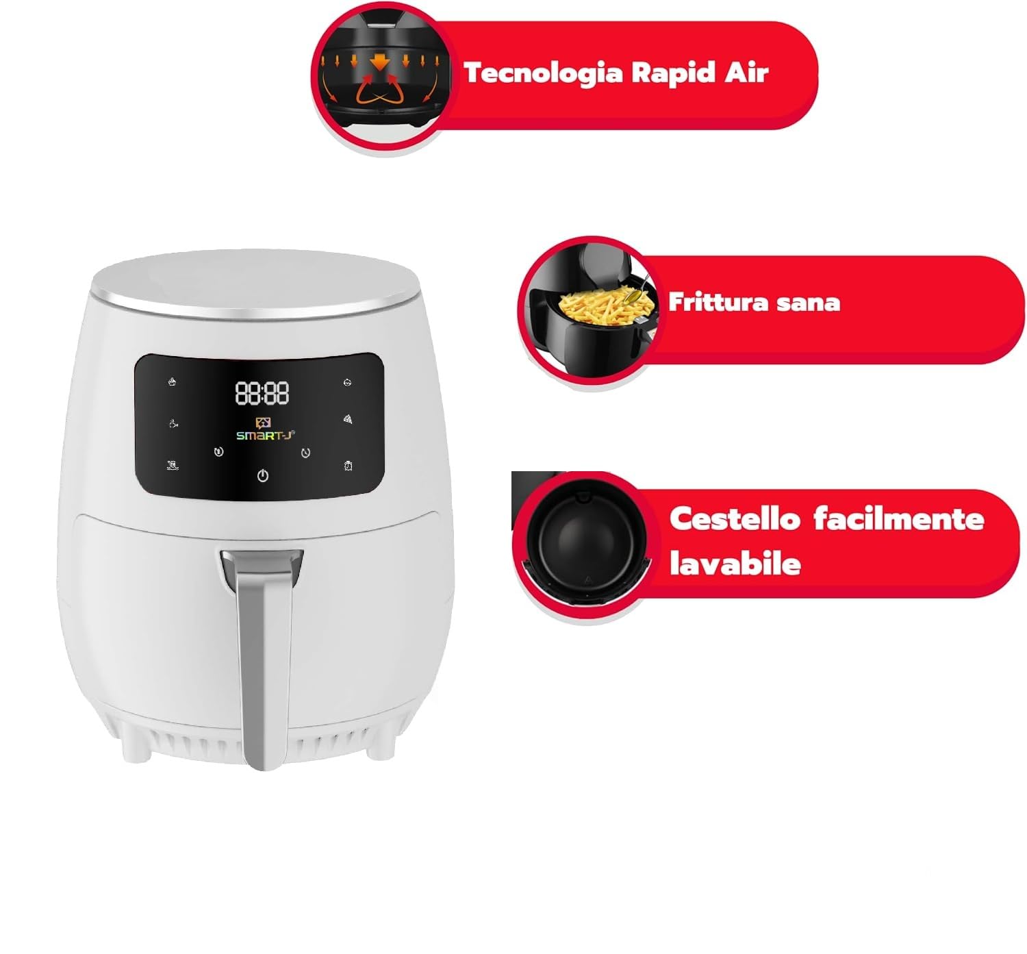 Friggitrice ad Aria 4.8L SMART·J Nera, 1400W, Display Touch, 6 Programmi, Spegnimento Automatico – Include 50 Vassoi Carta Forno Compatibili