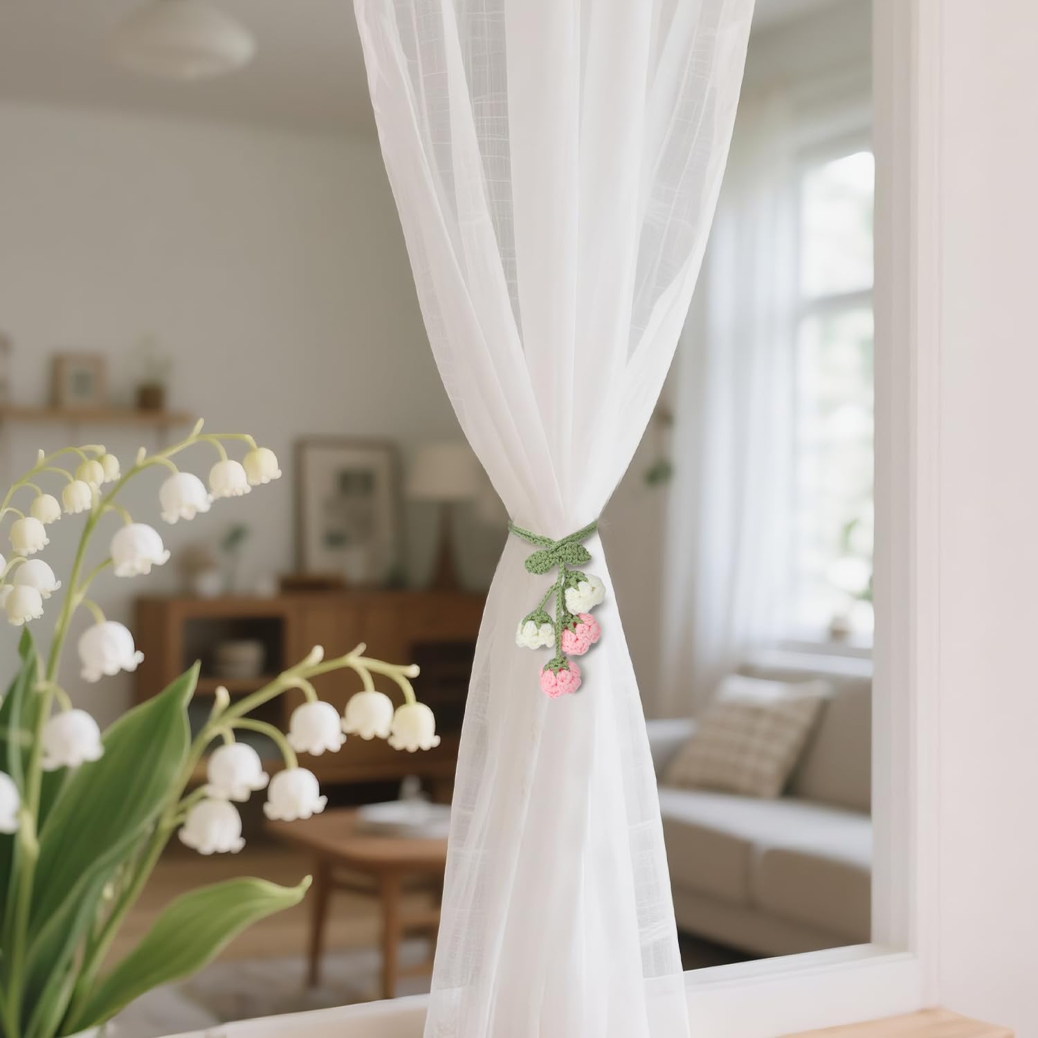 Flower Curtain Tiebacks, 4pcs Lily-of-The-Valley Curtains Holdbacks, Cute Curtain Holdbacks - No Drill Rope Holder, Drape Knitting Handmade for Nursery&Children's Room Decor (Pinkish/White)