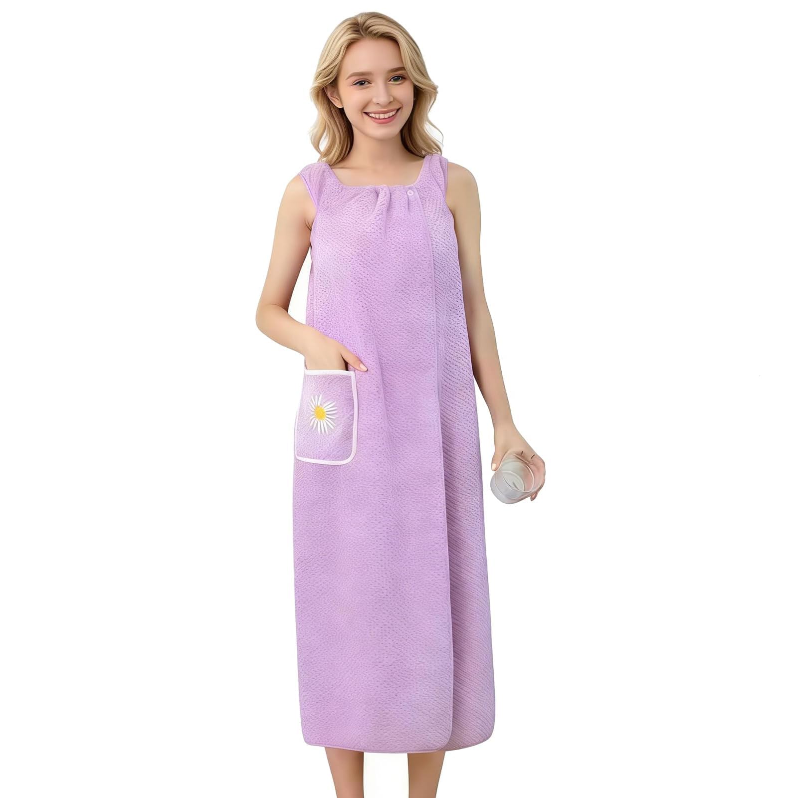 Huanyo Women's Purple Bathrobe Dress - Wrap Around Bath Towel Dress With Adjustable Straps, Soft & Quick Dry Microfiber, For Spa, Beach, After Shower, Hotel And Travel Use (Pink) (Purple)
