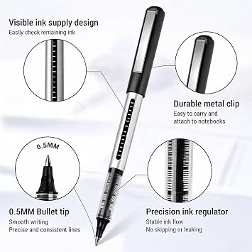Rollerball Gel Pens 16-Pack, 0.5mm Black Ink Gel Pens for Writing, Quick-Drying Gel Pen Set, Smooth Ballpoint Pens for Note-Taking Sketching, School Office Supplies for Adults Kids