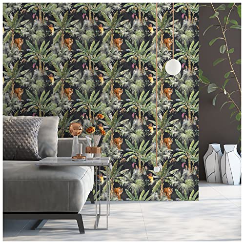 Haokhome 93163 Tropical Wallpaper Peel And Stick Palms Jungle Animal Tiger Black/Green/Brown Stick On Bathroom Decor 17.7In X 118In #TOP3
