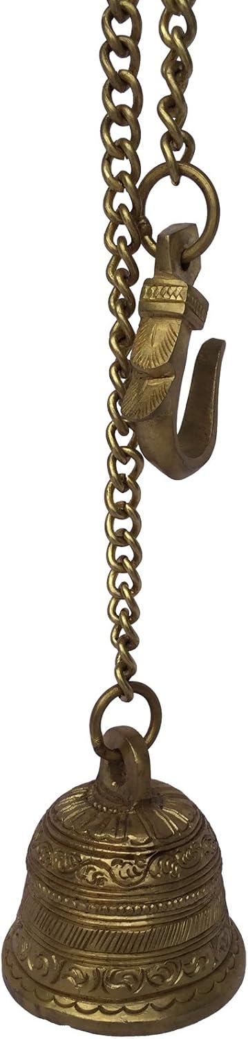 Aakrati Devyom Brass Carving Hanging Bell With Chain And Hook For Door And Worship - Decorative And Religious Gift Purpose - Best Indian Handmade Handicrafts Brass Figure Showpiece