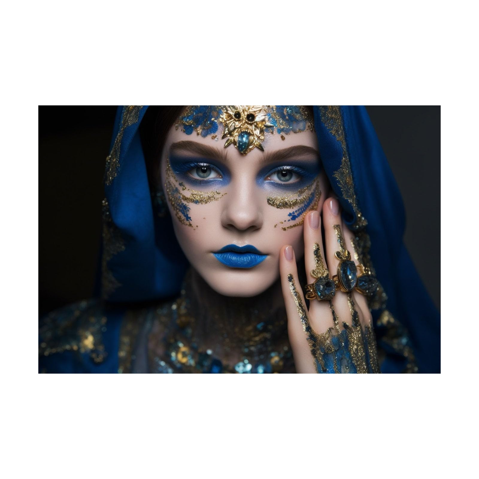 TERUEA Beautiful Girl Animals Poster Canvas Art Wall Decor Woman With Blue And Gold Makeup And Headscarf Picture Prints for Girls Room Bedroom Wall Decor(Blue)-80x120cm Unframed