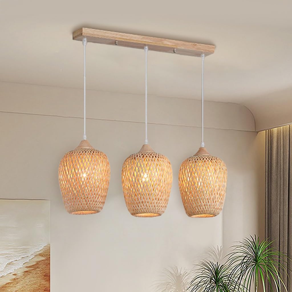 HEYUN Rattan Ceiling Hanging 3 Lights Boho Lamp Light Shade Rattan Lampshade E27 Vintage Chandelier Light Fitting Rustic Ceiling Lamp Fixtures for Living Room Bedroom Dining Table Kitchen Hallway