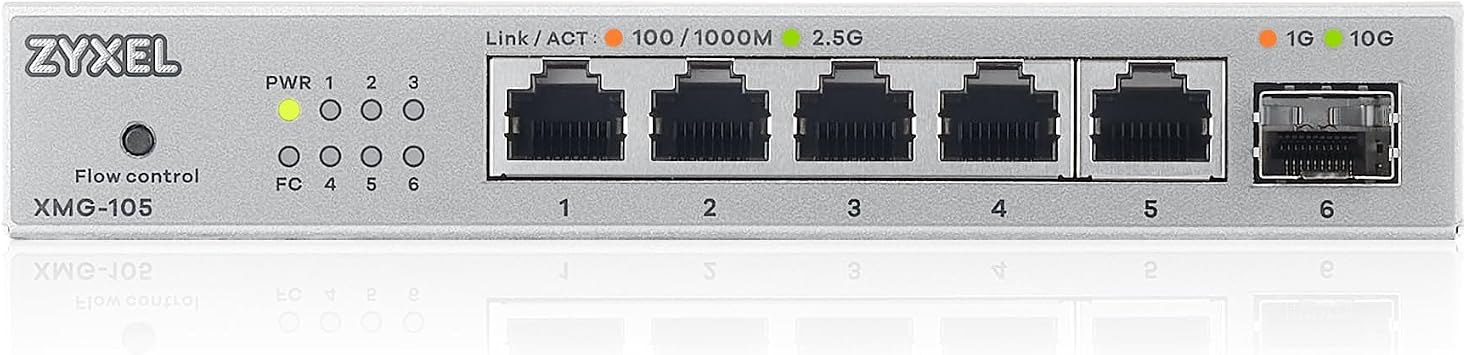 Xmg-105 Unmanaged Desktop Switch | 5 x 2.5G Ports + 1x 10G SFP+, No Fan, Plug-and-Play Installation, Desktop Design, AC Adapter Included