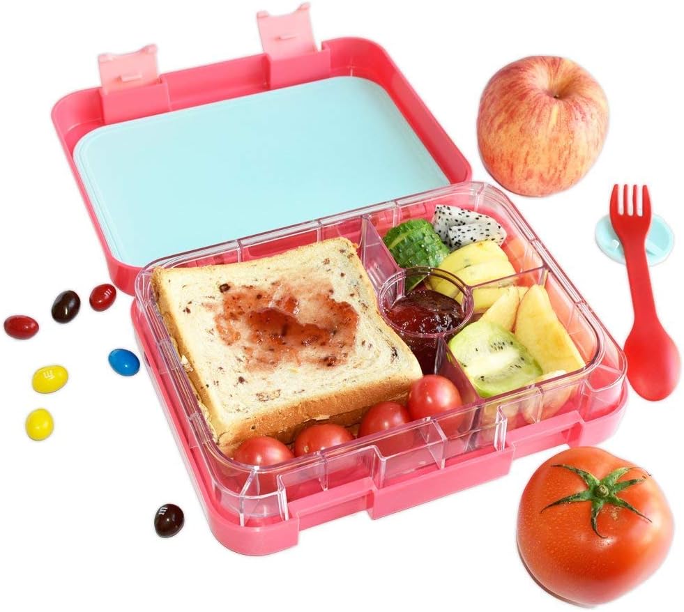 AOHEA Girls Lunch Box 4 Compartments, Bento Boxes for Adults, Plastic Food Storage Container, Microwave Dishwasher Safe, With Spork, Christmas Gifts Girls Pink