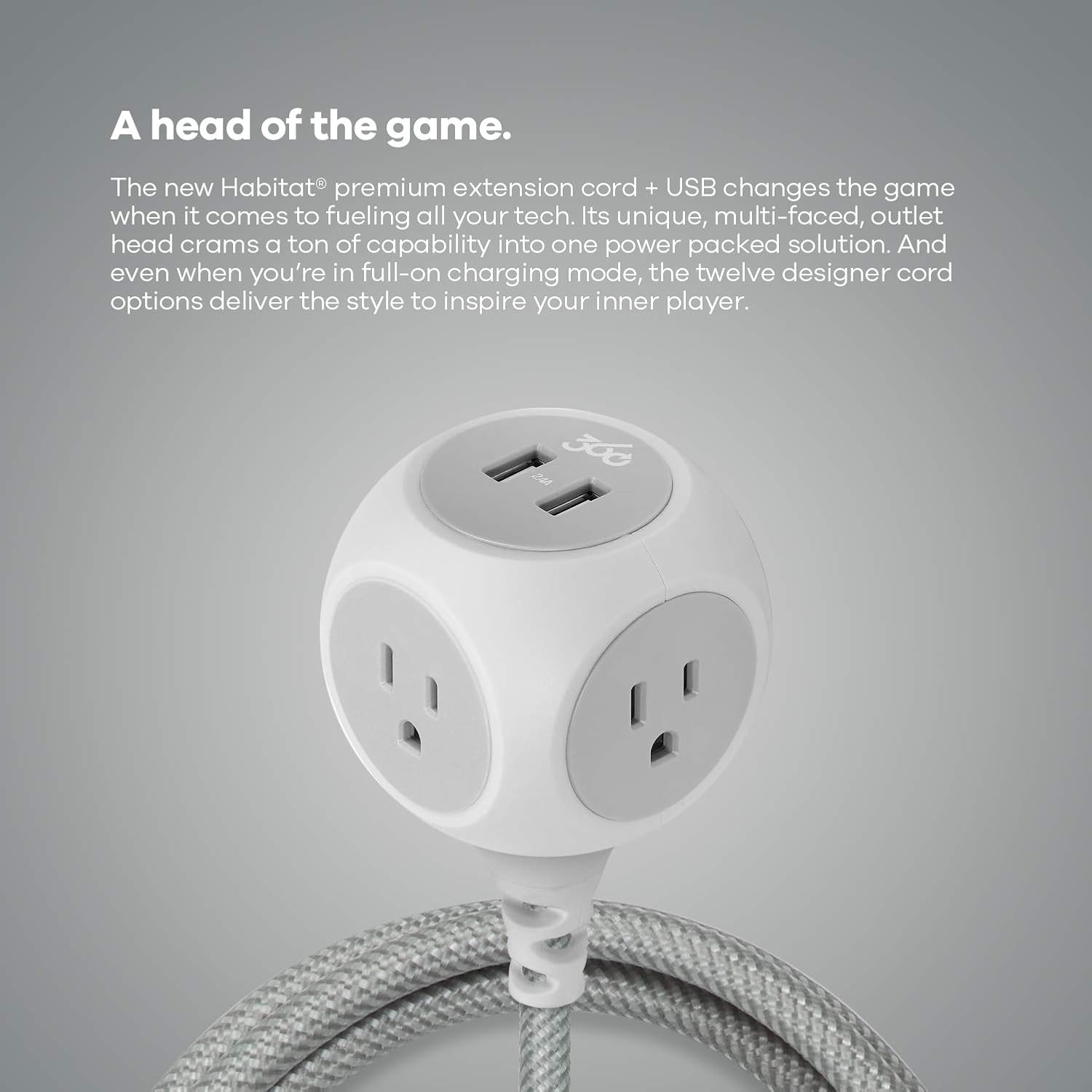 360 Electrical 360461-FG Habitat Braided Extension Cord, Titanium, 6ft, Includes 2.4A Dual USB, 3 AC Outlet, Multi Plug Outlet, Discreet Power Strip Surge Protector and USB Charging Station