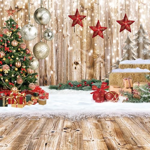 CHAIYA 10X10FT Christmas Backdrop Wood Floor Backdrop Winter Snow Xmas Tree Gift Christmas Family Party Background New Year Party Decoration Banner
