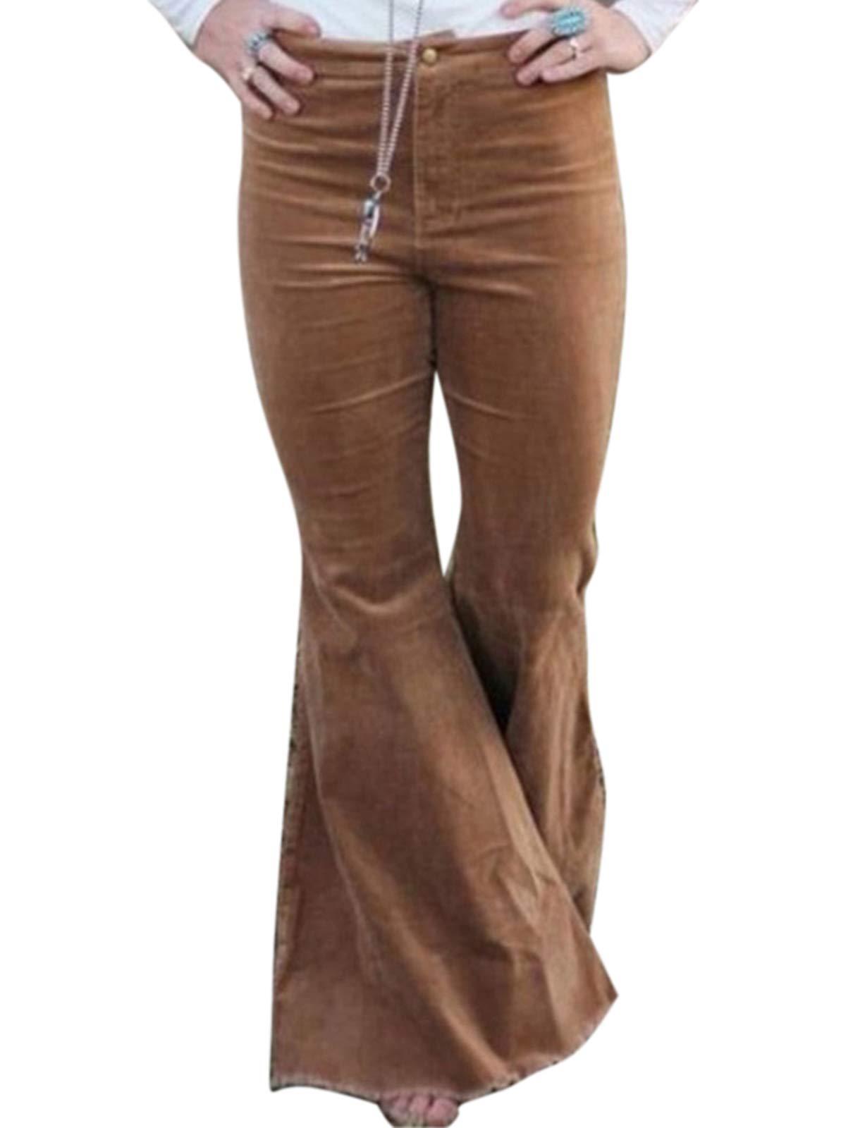 Women's Faux Suede Pants Elastic Waist Solid Flare Pants Stretchy Bell Bottom Trousers Brown