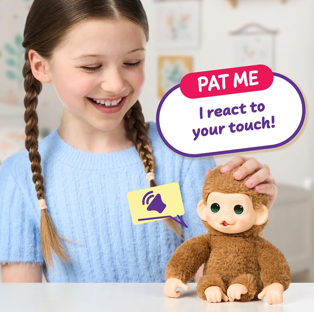 Little Live Pets Baby Monkey Minis - Pepi Peach. Interaktywna zabawka dla zwierząt domowych. Ponad 20 dźwięków i reakcji. Miękkie brązowe futro, 18,8 cm wysokości. Super realistyczny. Karmić