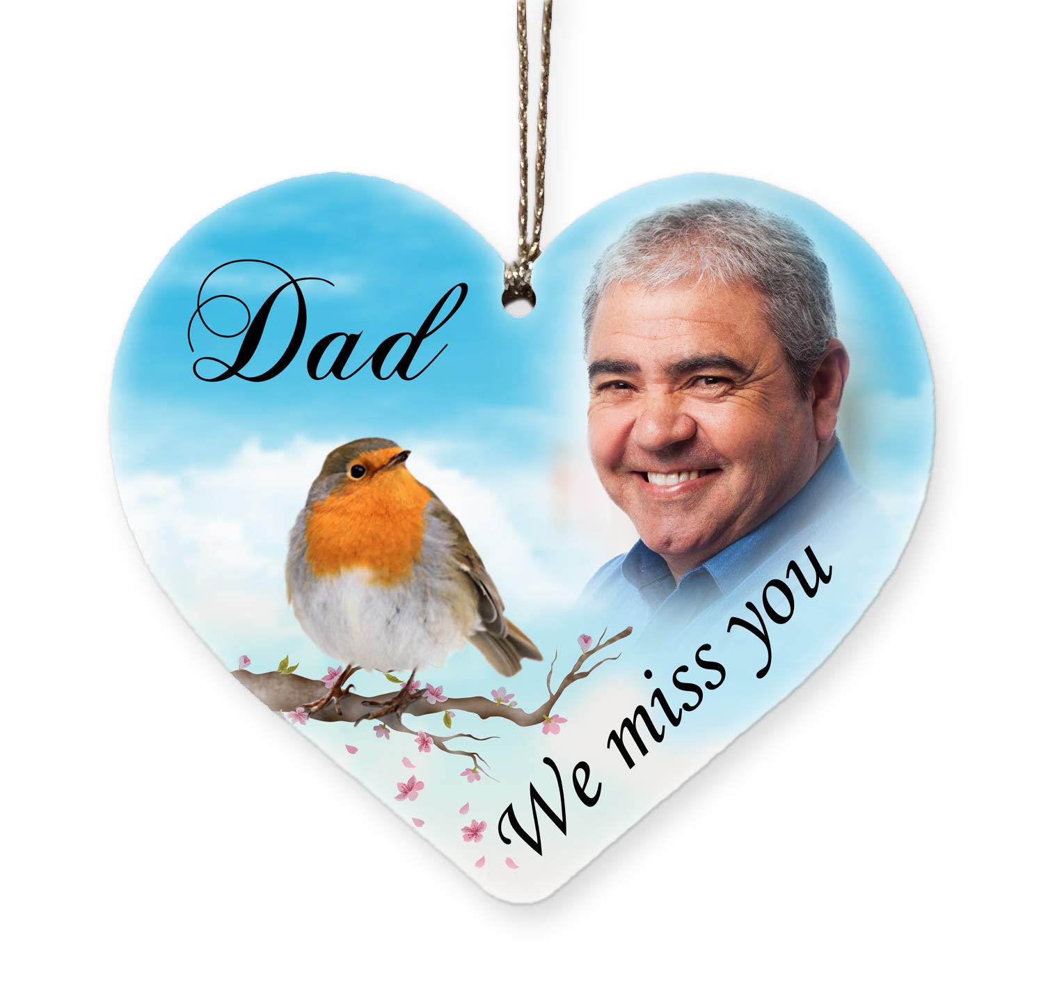 Beenanas Blue In Memory Personalised Christmas Heart Photo Bauble Robin Memorial Plaque
