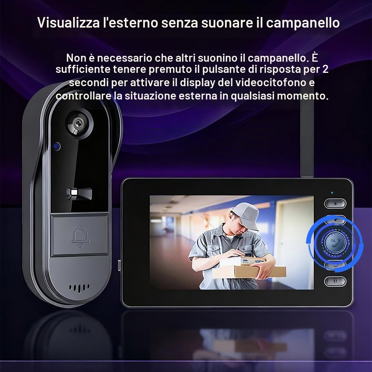 Winnes Videocitofono Citofono Senza Fili da Esterno con Schermo IPS 4,3'' Video Campanello con Telecamera 1080P 170°Angolo Visuale,Visione Notturna,Spioncino Digitale Senza WiFi/APP/Abbonamento