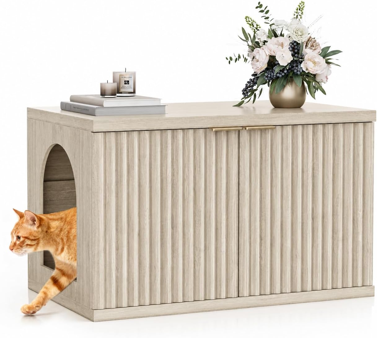 Homhedy Cat Litter Box Enclosure,Modern Fluted Accent,Cream Gray