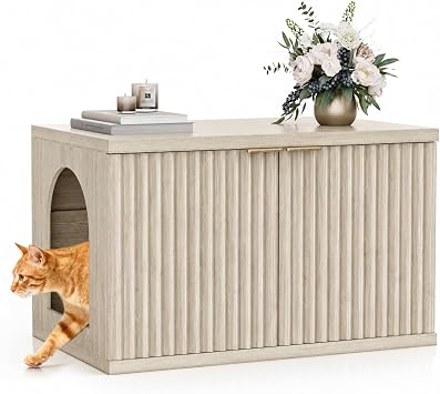 Homhedy Cat Litter Box Enclosure,Modern Fluted Accent,Cream Gray