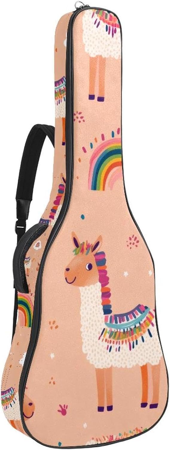 Acoustic Guitar Gig Bag 10mm Thick Padding, Soft Waterproof Guitar Case with Adjustable Backpack Straps for 40-42 Inch Guitar, Cute Cartooon Llama with Rainbow