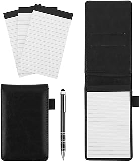 Grevosea 5 Pieces Mini Notepad Holder Set, Pocket Notepad Small Notepad Memo Pads Included Leather Pocket Notepad Holder 3 Pack Notebook Refills and Metal Pen (Black)