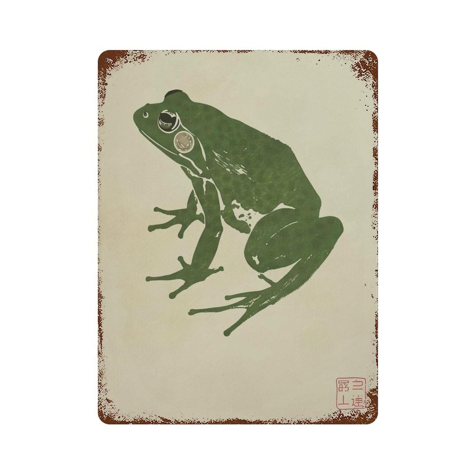 xiaoxiaoshen Japanese Green Frog Zen Woodblock Style Wabi Sabi Minimal Animal Nature Wall Decor Art Metal Tin Poster Modern Home Decor Art Home Bar Shop Decorations Vintage Sign 40x30cm