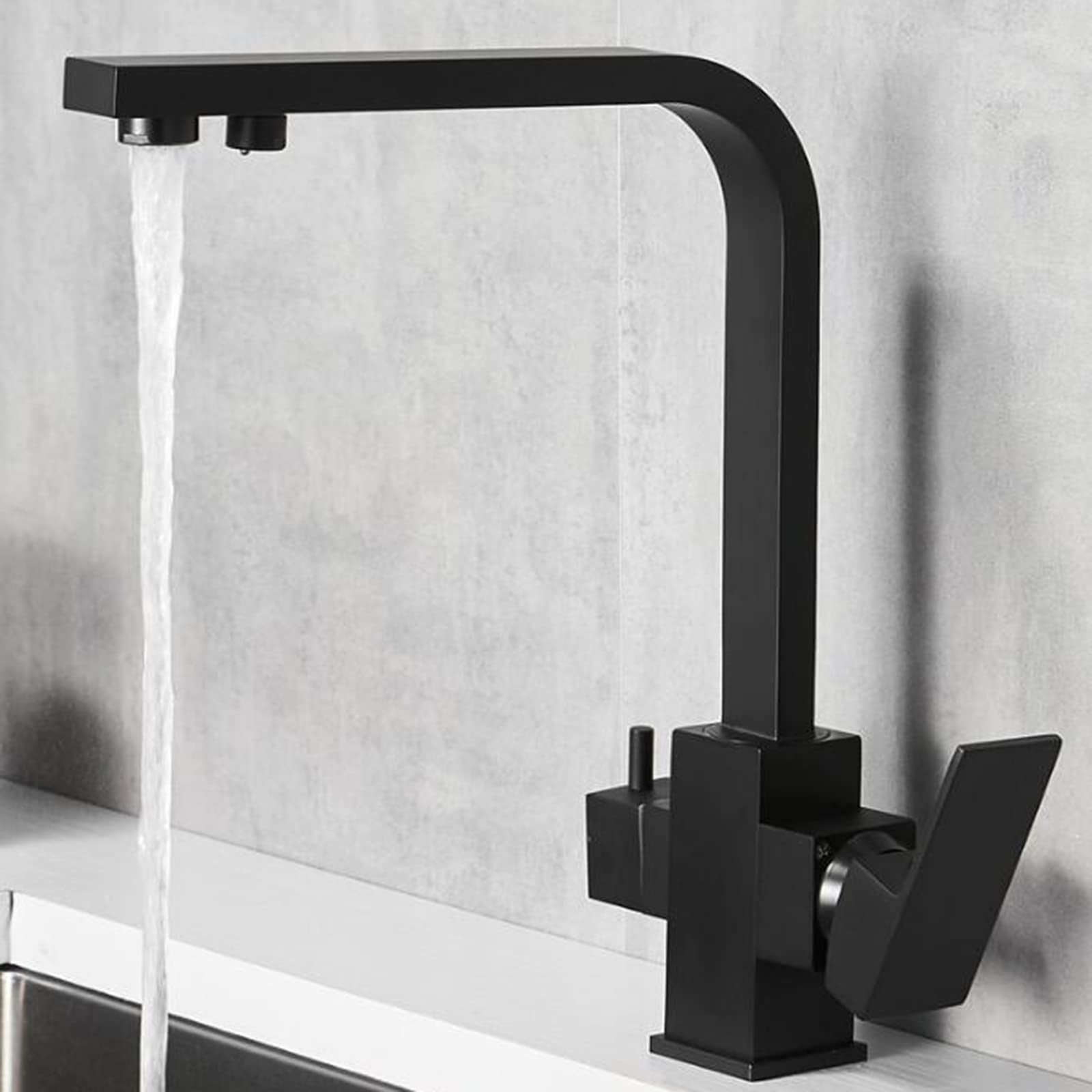 Robinet de cuisine à 3 voies en laiton massif noir au design architectural et finitions soignées