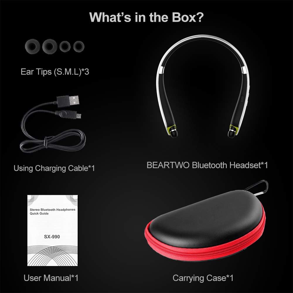 60% оƒƒ Dіѕсоunt Bluetooth Headphones, BEARTWO Upgraded Foldable Wireless Neckband Headset with Retractable Earbuds, Noise Cancelling Stereo Earphones with Mic for Workout, Running, Driving (with Carry Case)
